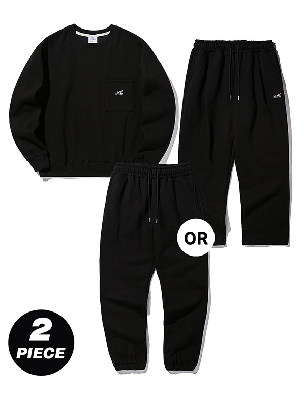 [2PACK] (조거팬츠 OR 와이드팬츠 선택) 레터링 포켓 기모 스웨트 셔츠 셋업 블랙